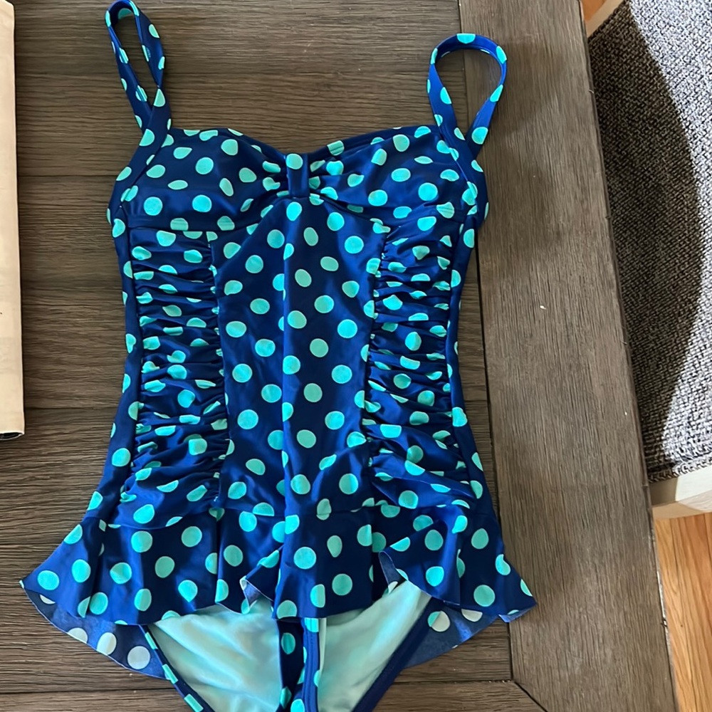 Arizona Jean Company Navy and Turquoise Polka Dot One-Piece Swimsuit